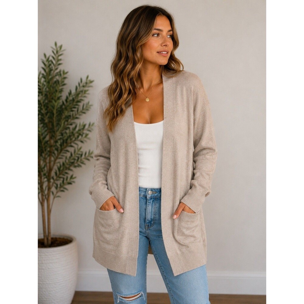 CASHMERE  Blend Cardigan Long Sleeve Tan Size XL Lightweight Soft Beige Pockets